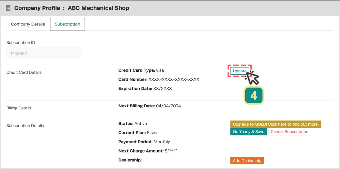 A screenshot of the Subscription Tab in Workshop Software's Company Profile Page.