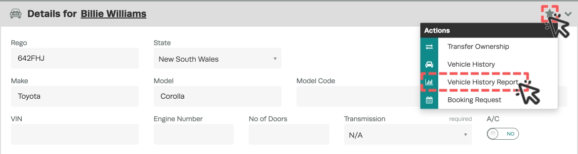 A cropped screenshot of a Vehicle's page. Cursors indicate to click the Star Icon and select Vehicle History Report.