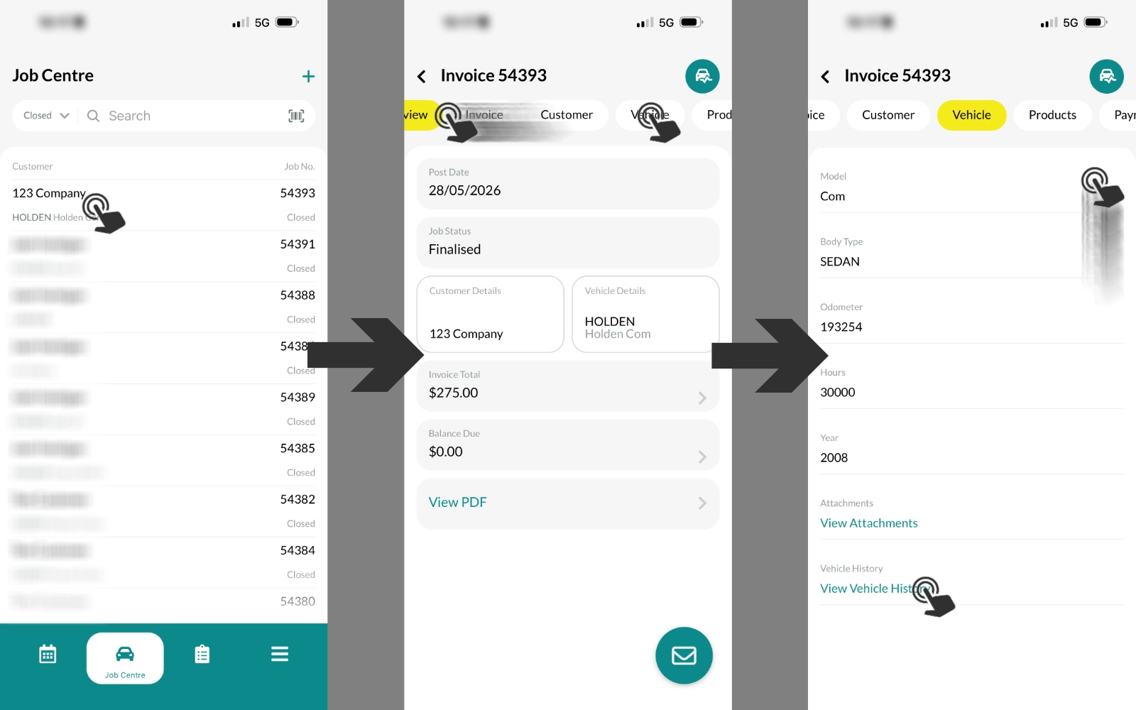 Three screenshots of Workshop Software's mobile App. The image shows tapping a Job in the Job Centre, selecting the Vehicle Tab and choosing the View Vehicle History option in the Vehicle page.