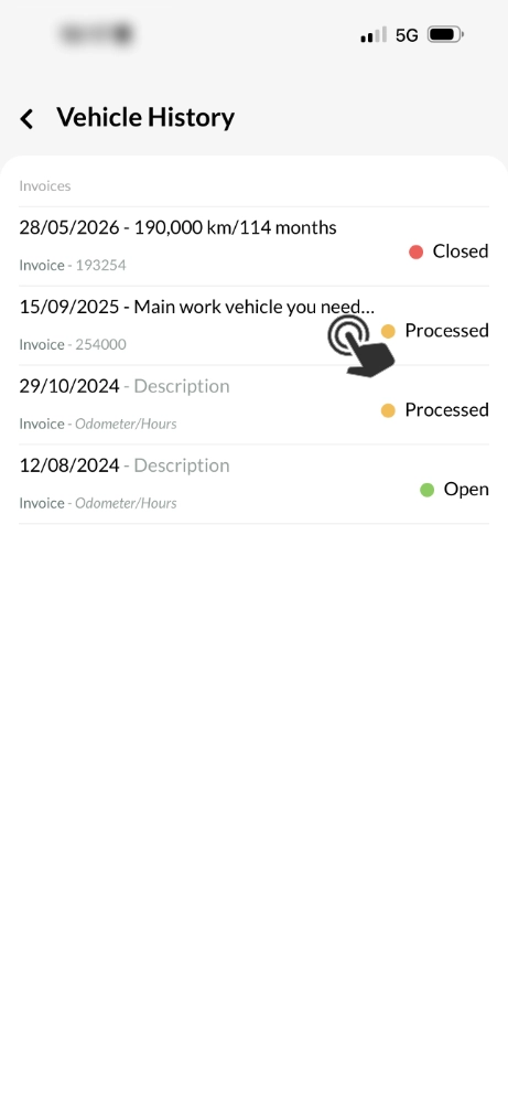A screenshot of Workshop Software's Mobile App. It shows a list of Vehicle History items with their current status.