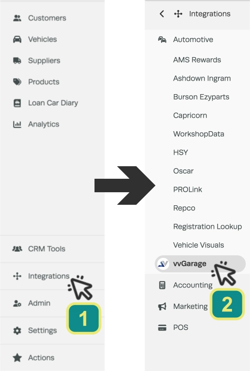 Screenshots of the left hand sidebar menu, cursors indicate to click Integrations then vvGarage