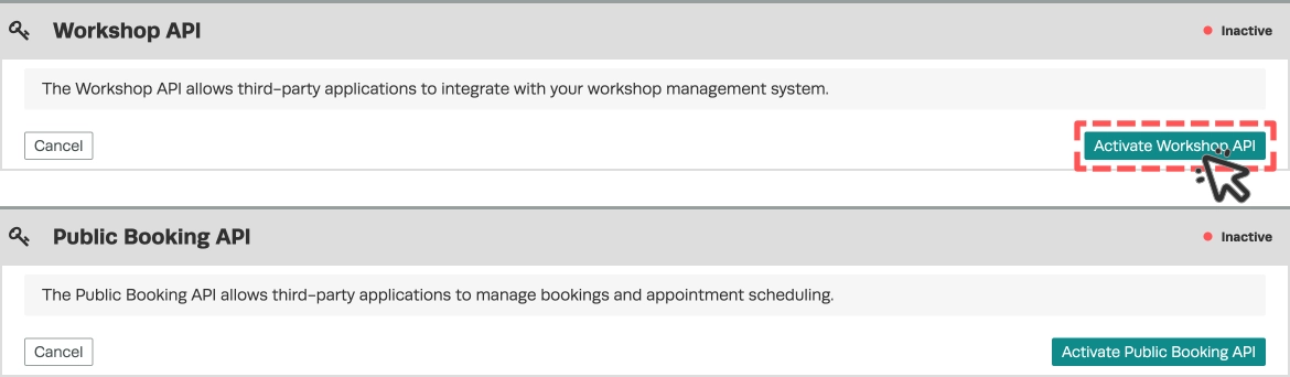 A Screenshot of the API page, the Workshop API card's Activate Workshop API button is highlighted.