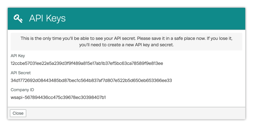 A screenshot of the API Keys pop up that shows when the Workshop API is first activated or if a new API Key is generated.