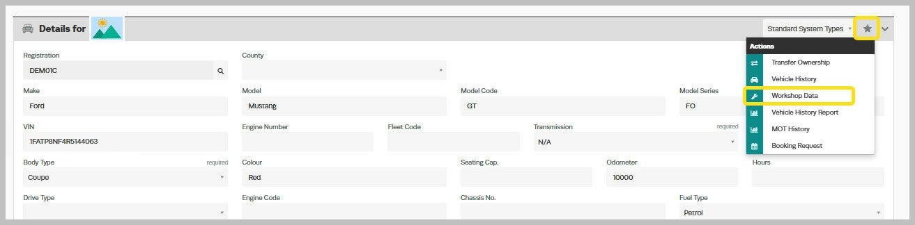 A screenshot of a Vehicle's card. The Start icon is highlighted and the Workshop Data entry in its Menu.