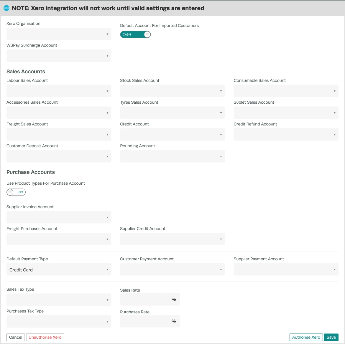 A screenshot of a complete, unpopulated Xero Account Mapping screen.