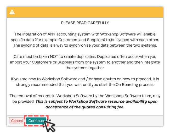 A screenshot of the warning screen which appears when Authorising Xero. The Continue button is highlighted.