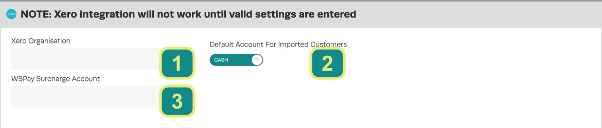 A screenshot of the Xero Integration screen showing the Xero Organisation, Default Account Type and Surcharge Accounts.