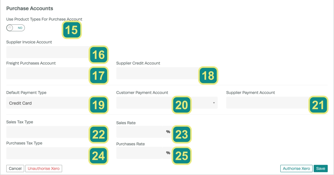 A screenshot of the Purchase Accounts, Payment Accounts and Tax Rates in the Xero Mapping screen.