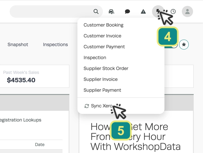 A screenshot of the Lightning bolt menu in Workshop Software. Numbered cursors indicate to click into the menu then select Sync Xero.