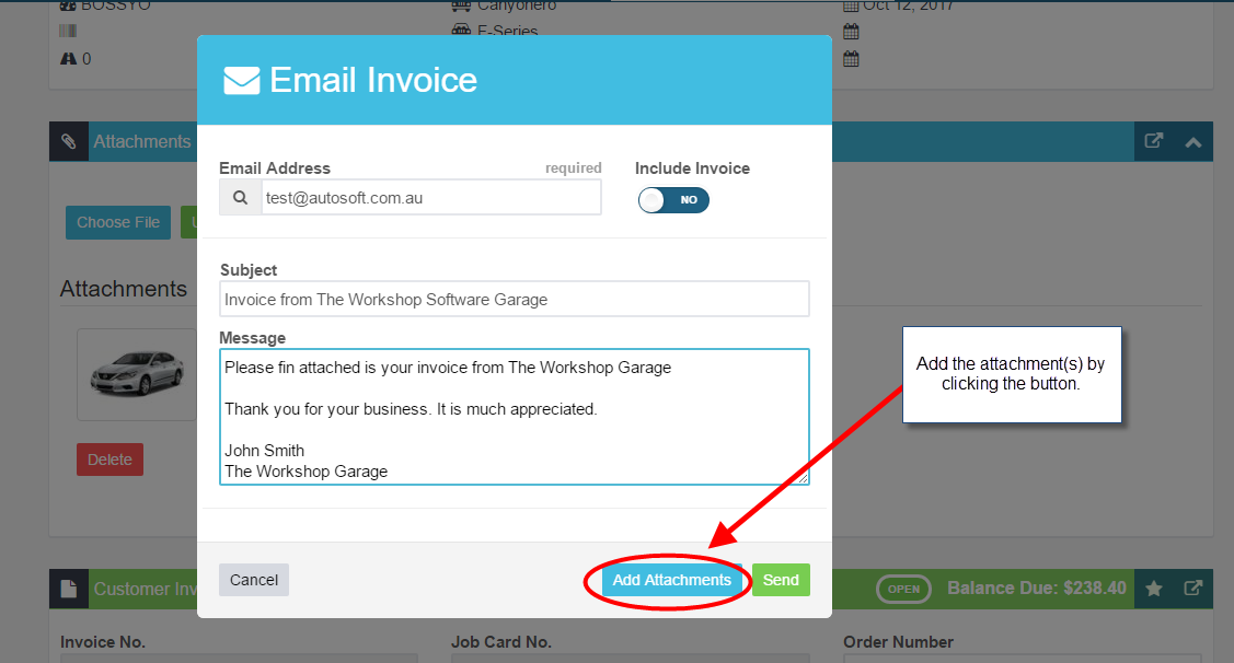 Email Invoice dialog with a note pointing to the Add Attachments button