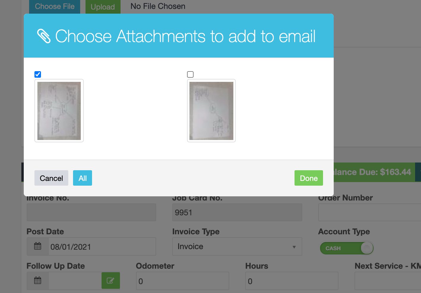 Choose Attachments to add to email dialog showing the available attachment thumbnails