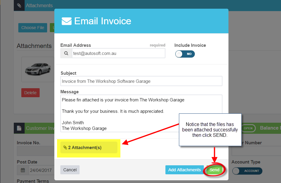 Email Invoice dialog showing two attachments added and the Send button