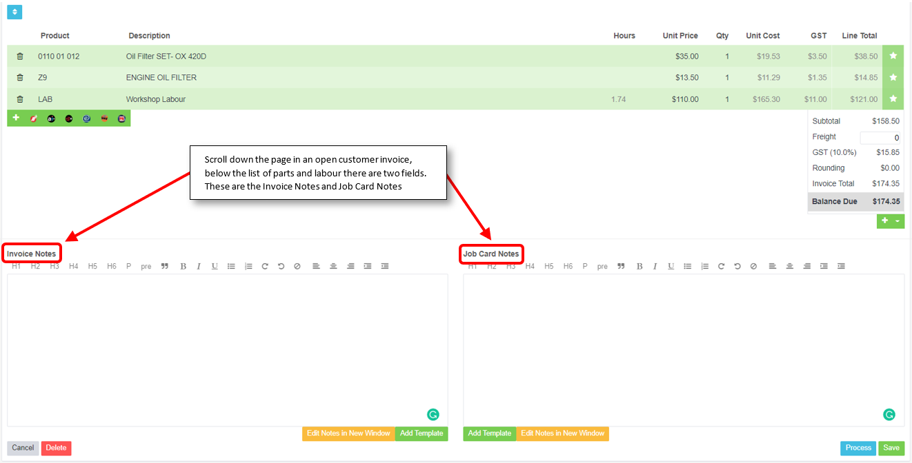 Workshop Software screen showing one is for invoice notes (will show up on an invoice) and the other is for jo...