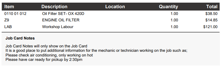 Workshop Software screen showing printed job card view