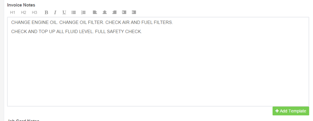 Invoice Notes field filled from a saved template with the Add Template button below