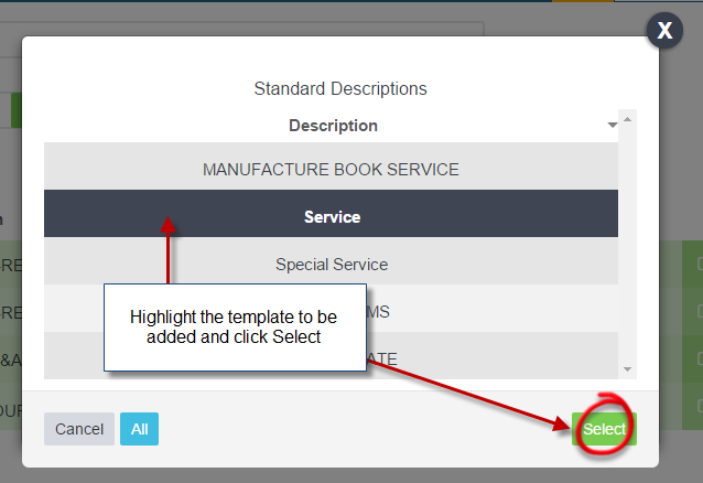Workshop Software add templated wording to an invoice showing template you want to add from the list, highlight the templa...