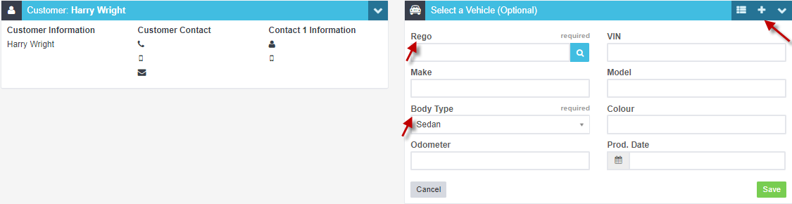 Workshop Software screen showing if you need to add a new vehicle, click the '+' button and enter the registra...