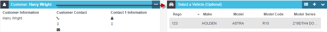 Workshop Software screen showing if the customer already has vehicles registered in the system, a list will ap...