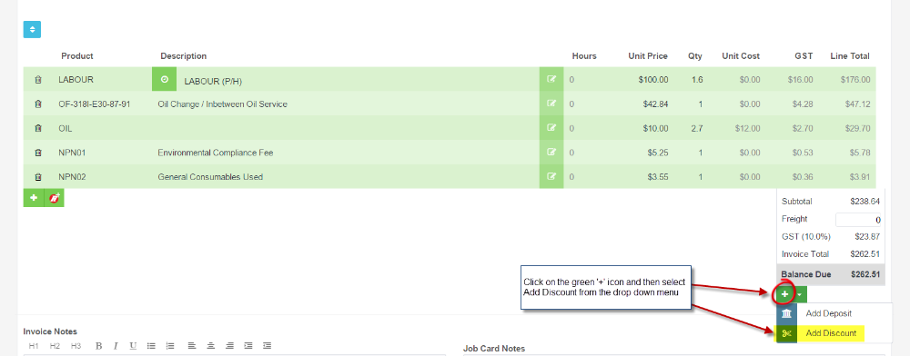 Workshop Software screen showing before processing the invoice, apply the discount to the invoice total by cli...