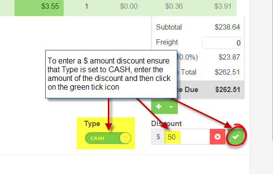 Workshop Software apply a discount to a customer invoice showing green 'tick' icon to apply the discount and then click on...