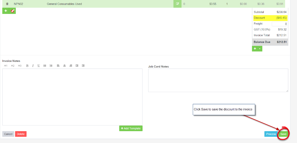 Invoice showing a discount line with the Process button circled