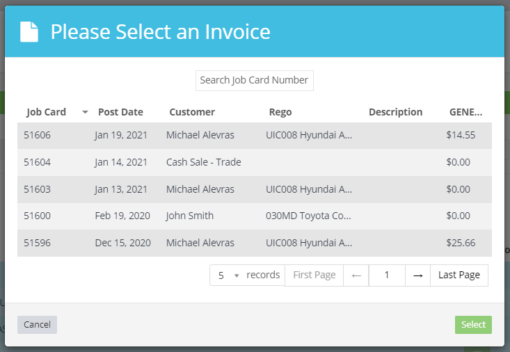 Workshop Software attach an item from a supplier to a customer invoice showing invoice you would like to attach the items to