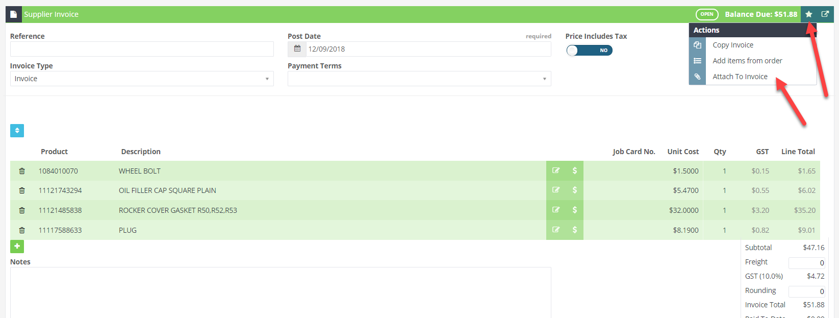 Workshop Software screen showing then select "attach to invoice" this is what it looks like from a supplier in...