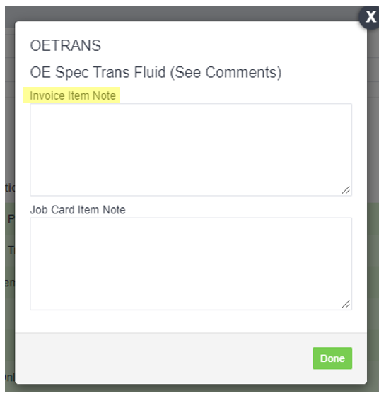 Invoice item note dialog with fields for the invoice item note and the job card item note