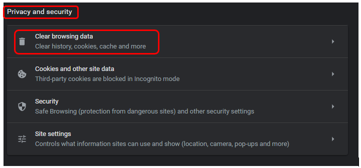 Chrome Settings with the Privacy and security section and Clear browsing data option highlighted