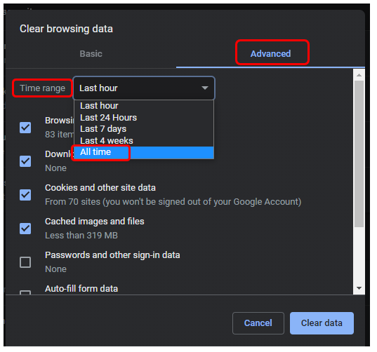 Chrome Clear browsing data window on the Advanced tab with Time range set to All time