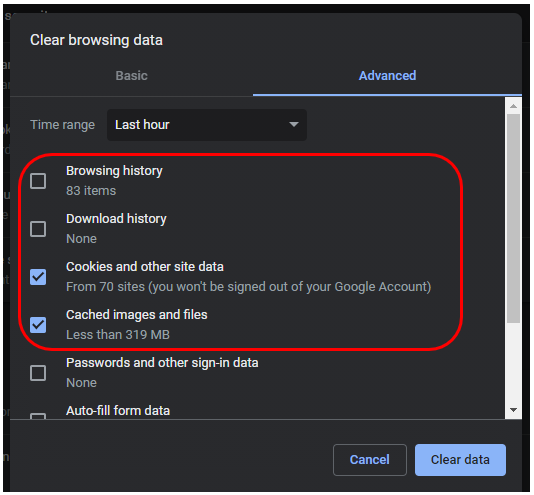 Clear browsing data window with only Cookies and other site data and Cached images and files ticked