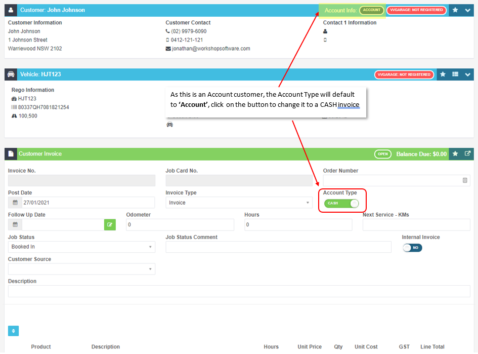 Workshop Software create a cash invoice for an account customer showing invoice as per normal, once you have selected the ...