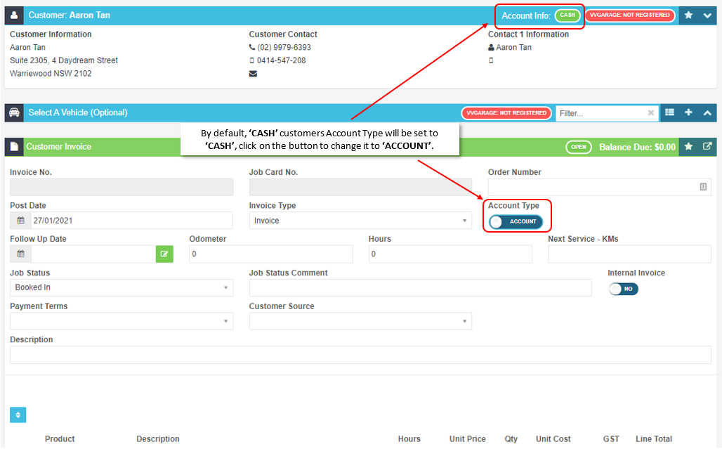 Workshop Software screen showing to change the invoice from a cash invoice to an account invoice, click on the...