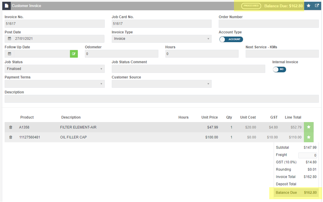 Workshop Software screen showing when you have completed the invoice, click on 'process' and the invoice will ...