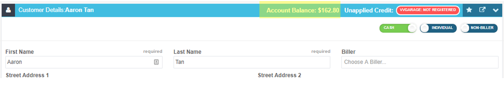 Workshop Software screen showing now when you look up the customer, you will see that they have an account bal...