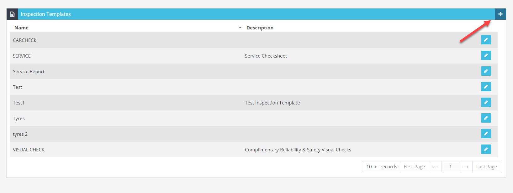 Workshop Software create an inspection template showing plus sign on the right hand side of your templates