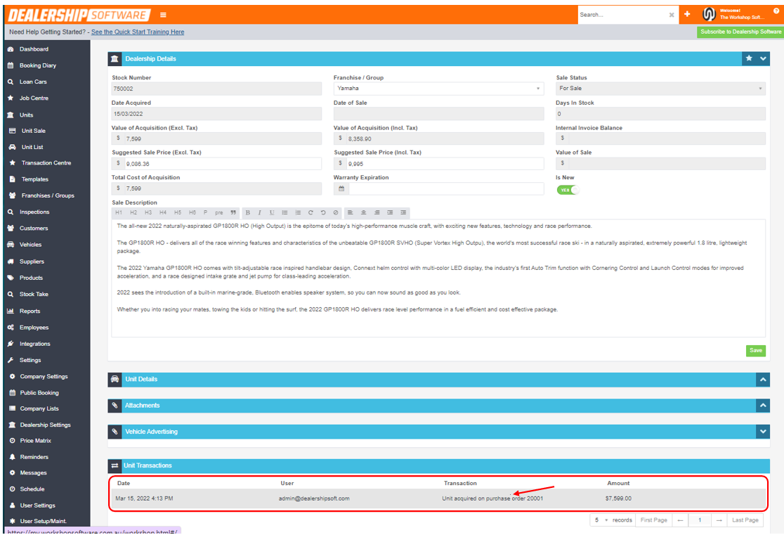 Workshop Software screen showing if you double click on any of these units, and scroll down to unit transactio...