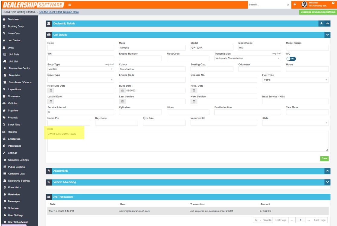 Workshop Software screen showing if you want to you can also expand on the unit details banner and add in the ...