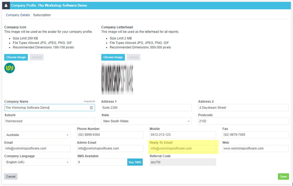 Workshop Software screen showing make sure there is actual text in the body of the email being sent 2) reply-t...