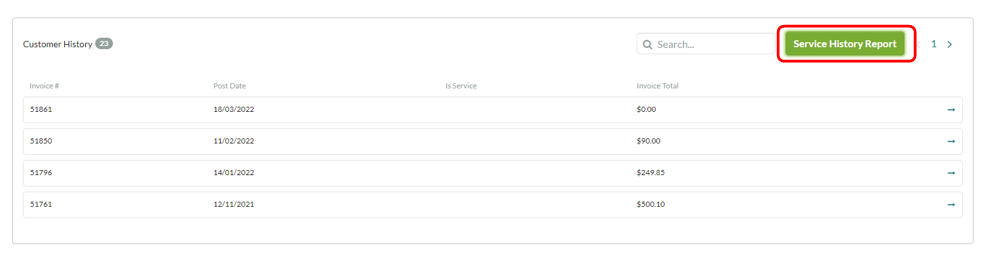 Green "Service History Report" button