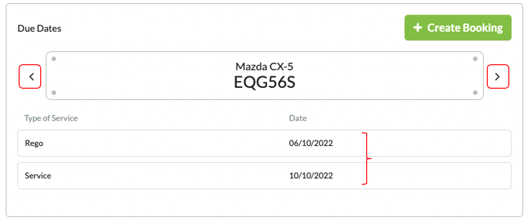 screenshot of customers vehicle details (rego, make, model, rego due date, next service date) click on arrows on either side of the card details to view other vehicles on file