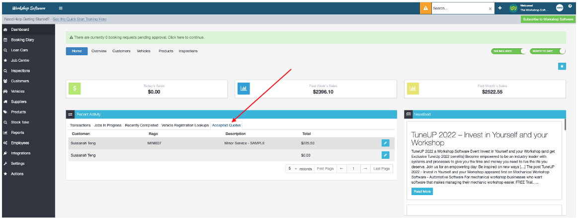 screenshot of the dashboard with new "Accepted quotes" in the Recent Activities widget