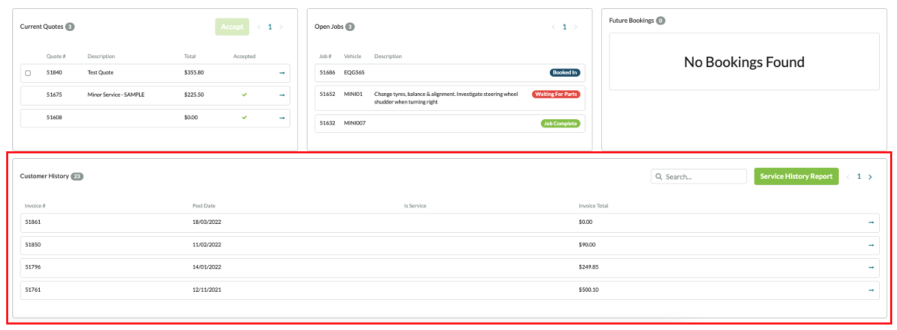 screenshot of customer portal highlighting the list of historical invoices