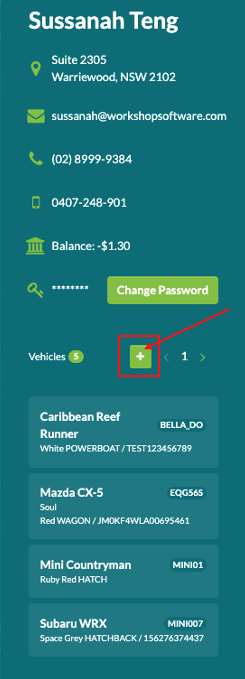 Screenshot of the left hand menu bar of the customer portal, arrow point to + icon to add new vehicle details