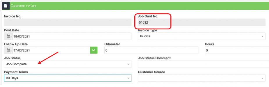 Customer invoice with the Job Card number highlighted and the job status set to complete