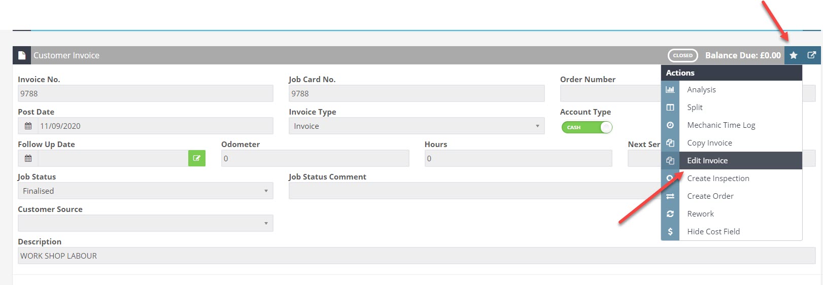 Edit button location on a processed invoice in Workshop Software