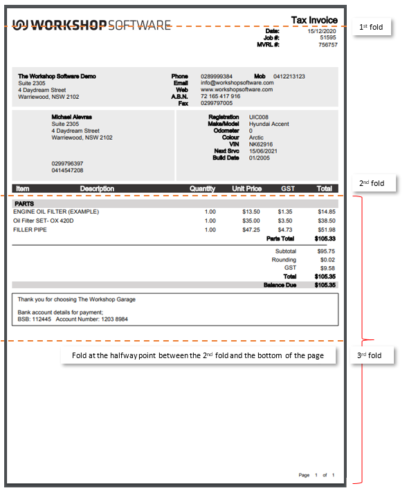 Diagram showing how to fold an invoice to fit a DL envelope with window alignment