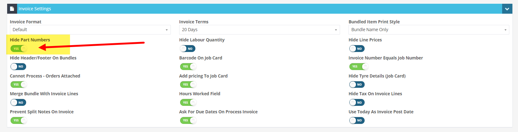 Workshop Software screen showing under the heading invoice settings, click on the button below hide part numbe...