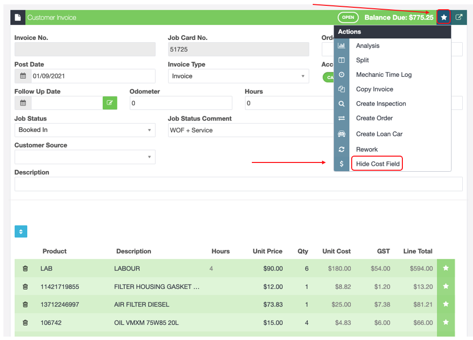 Workshop Software how to hide unit cost column on the invoice screen showing green 'actions star' icon in the customer inv...