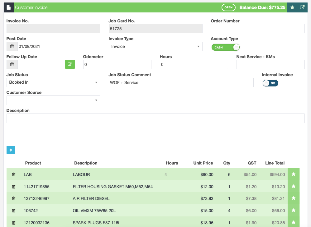 Workshop Software screen showing if you save the invoice with the unit cost hidden it will remain hidden on th...